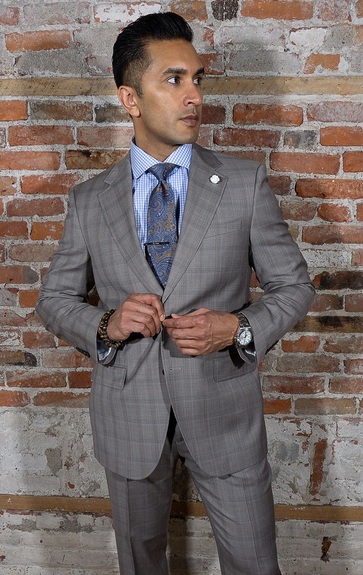 taupe glen plaid two button suit. wide notch lapel, with ticket pocket. Flat front pants. 100% WOOL, Super 120's